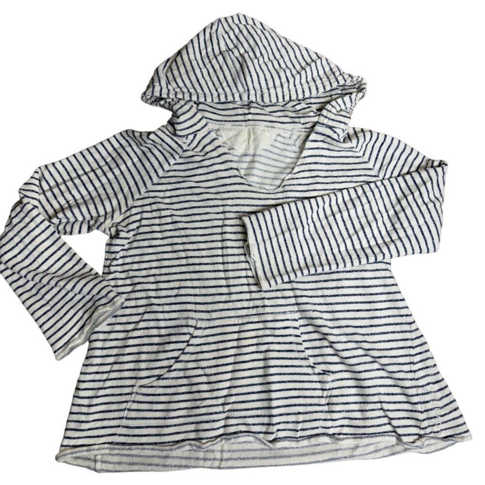 Calvin Klein Performance Striped Hoodie Womens Sweatshirt L Cotton Blue White